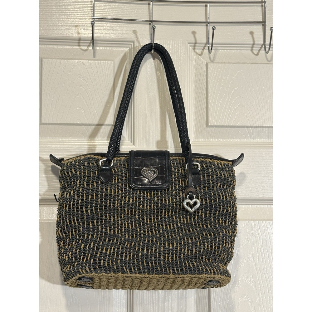 Brighton Black & Tan Woven Straw Rattan & Braided Leather Shoulder Bag